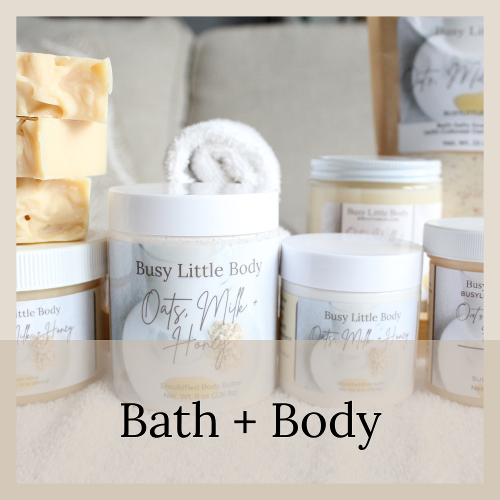 Body butter, bar soap, sugar scrub, bath salts and rolled face towels.