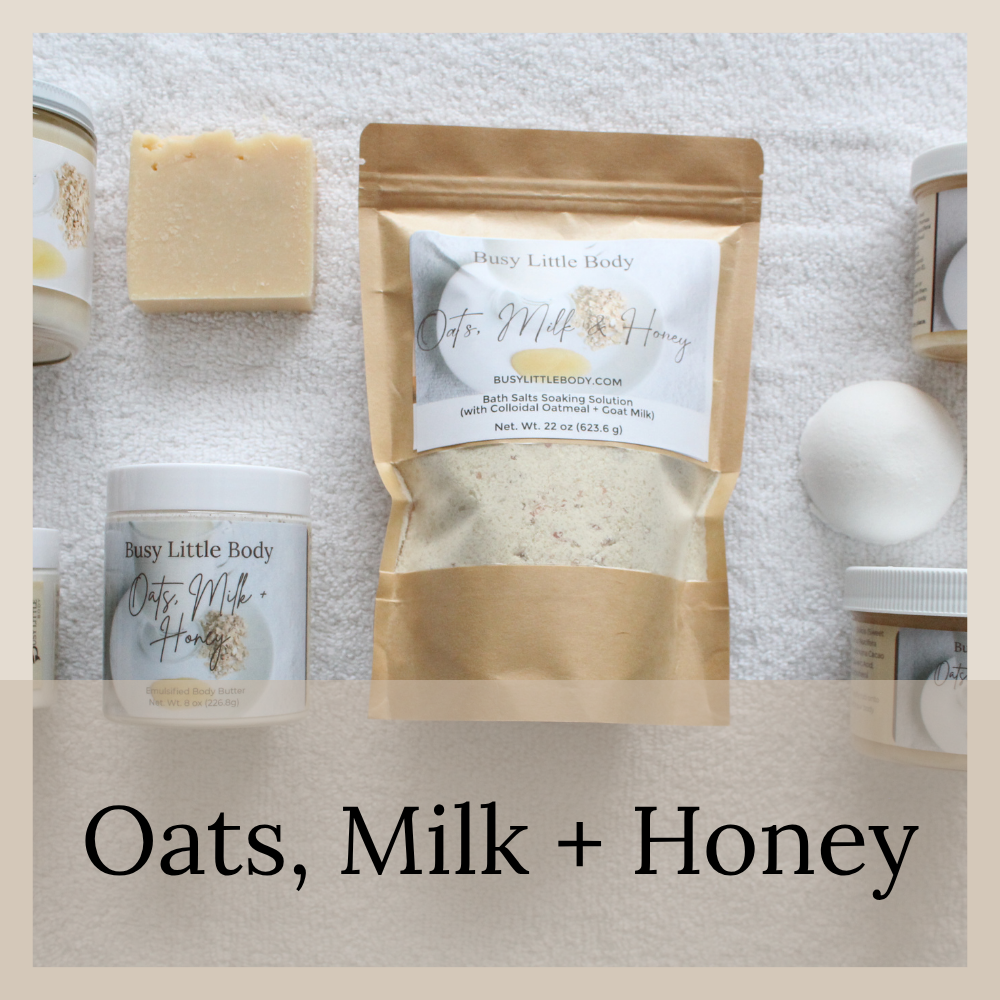 bath salts soak, shower steamer, sugar scrub, body butter, candle and bar soap.