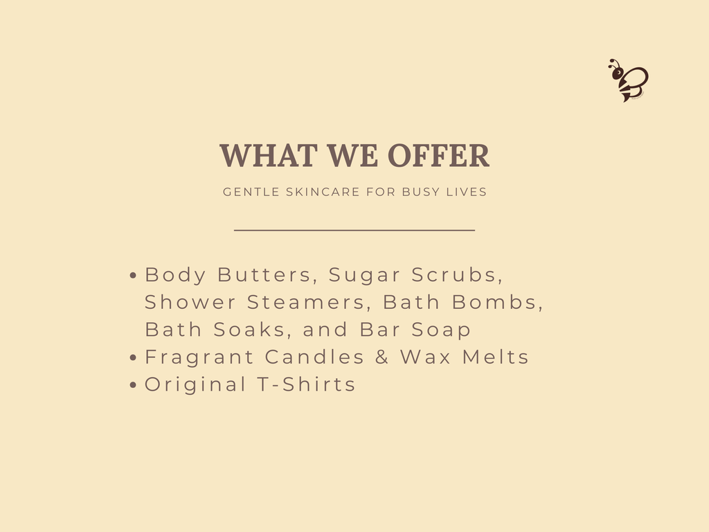 Beige background with text listing products offered, including body butters, sugar scrubs, and candles.