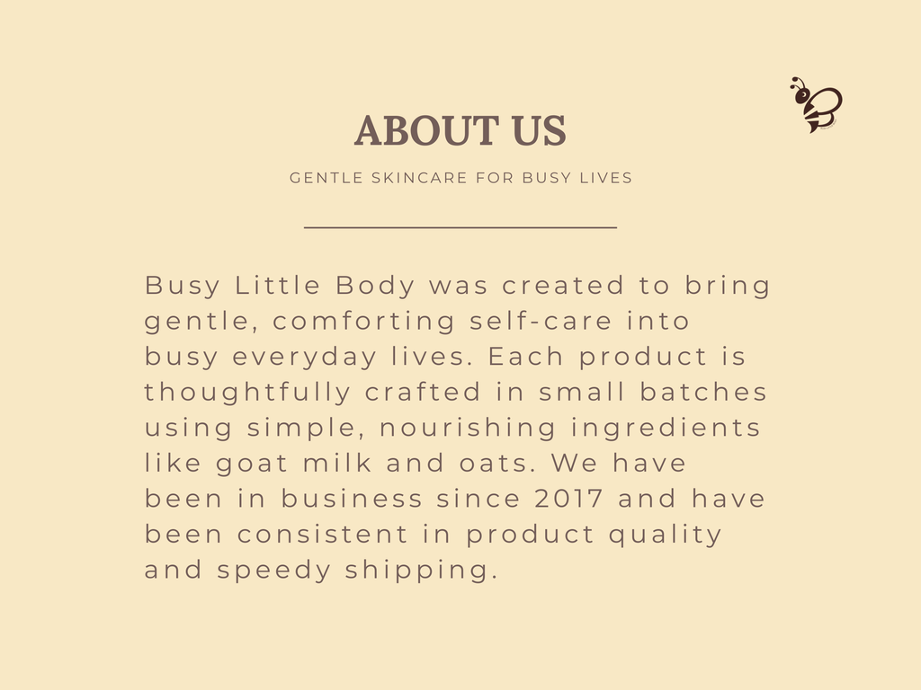 Text about Busy Little Body skincare brand on a beige background