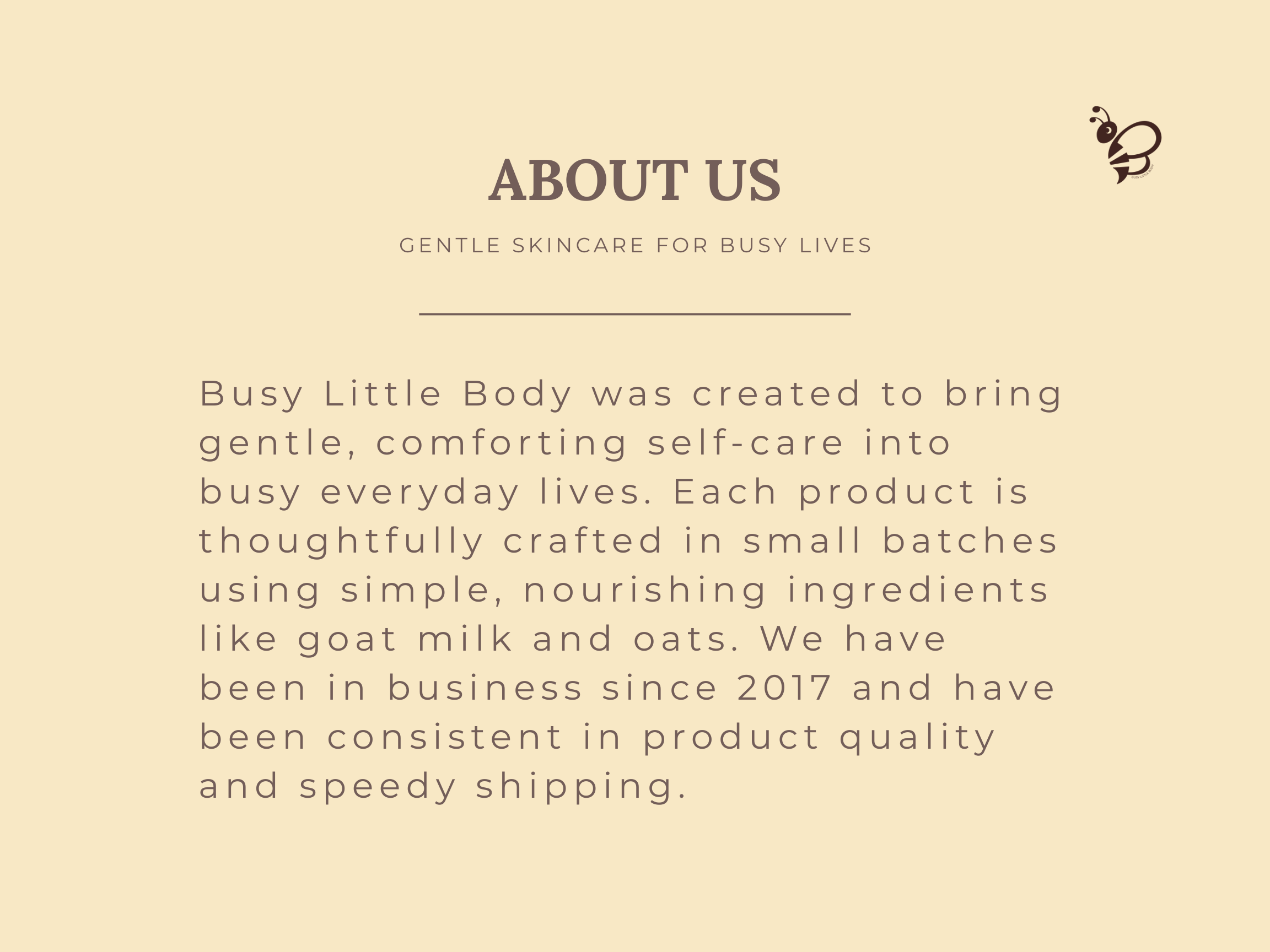 Text about Busy Little Body skincare brand on a beige background