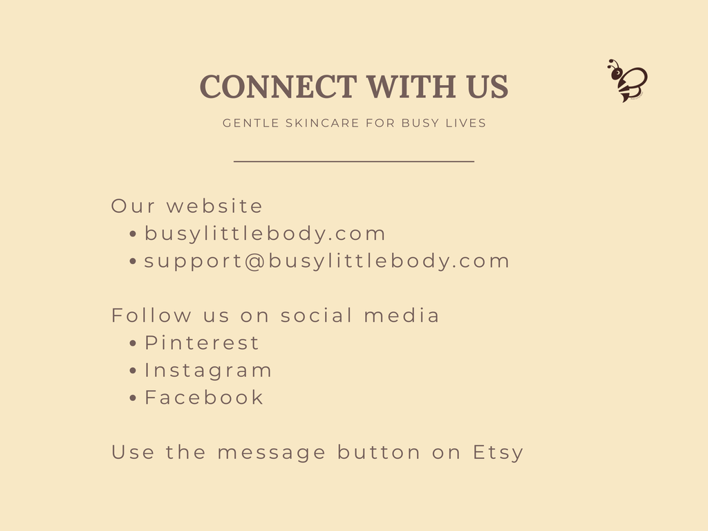 Contact information for a skincare brand on a beige background