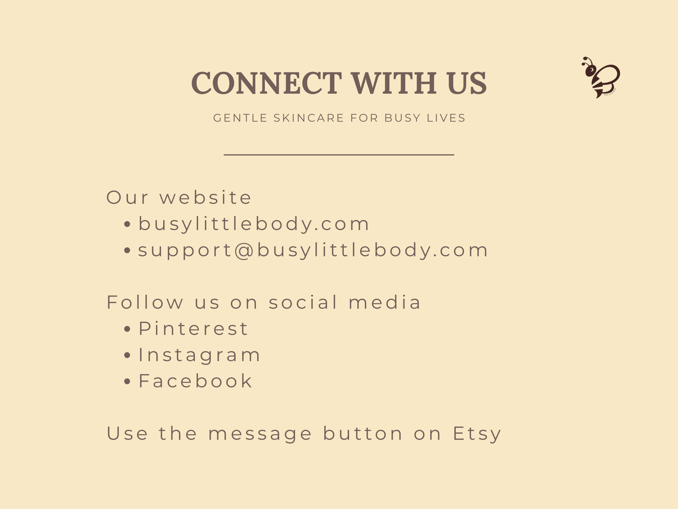 Contact information for a skincare brand on a beige background