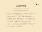 Text about Busy Little Body skincare brand on a beige background