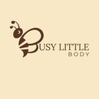 Logo of 'Busy Little Body' with a stylized bee on a beige background