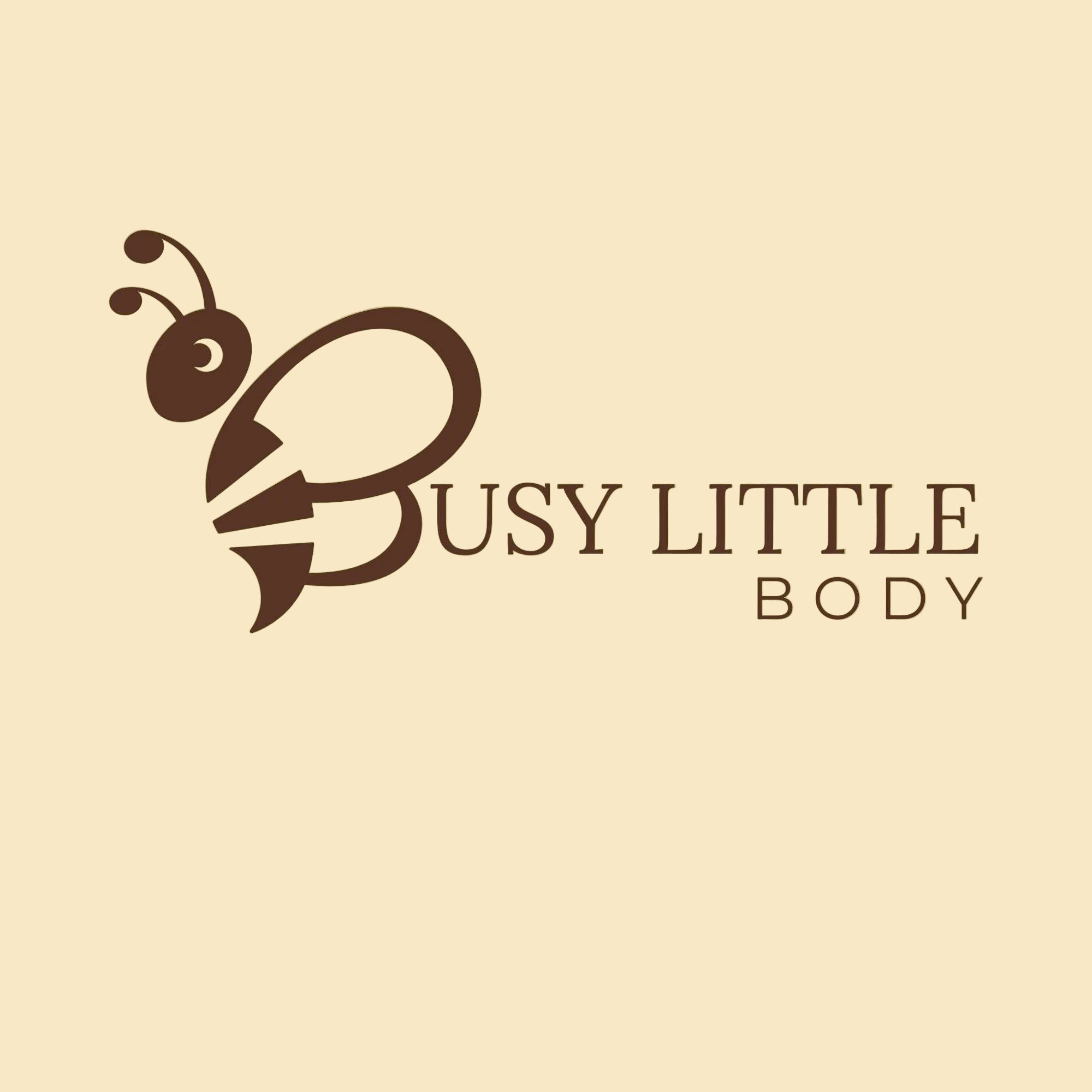Logo of 'Busy Little Body' with a stylized bee on a beige background
