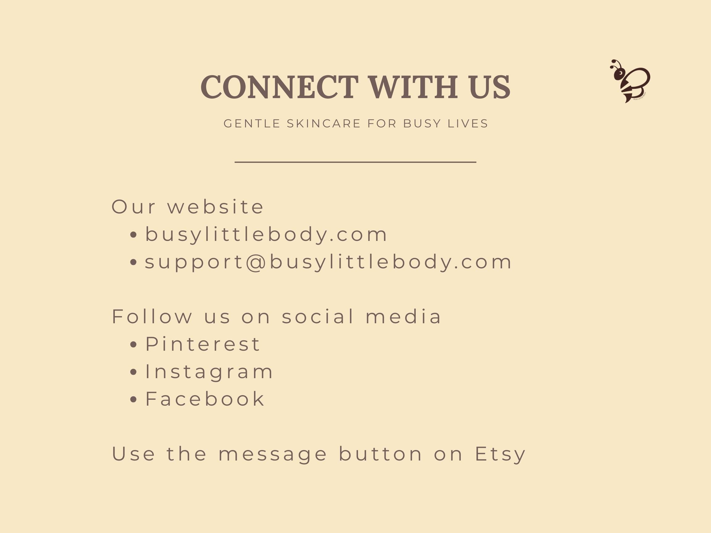 Contact information for a skincare brand on a beige background