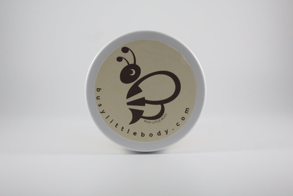Round container with a bee logo and text on a white background