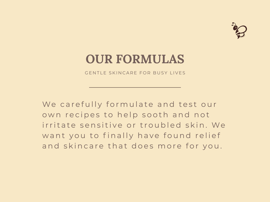 Text on a beige background about skincare formulas for busy lives