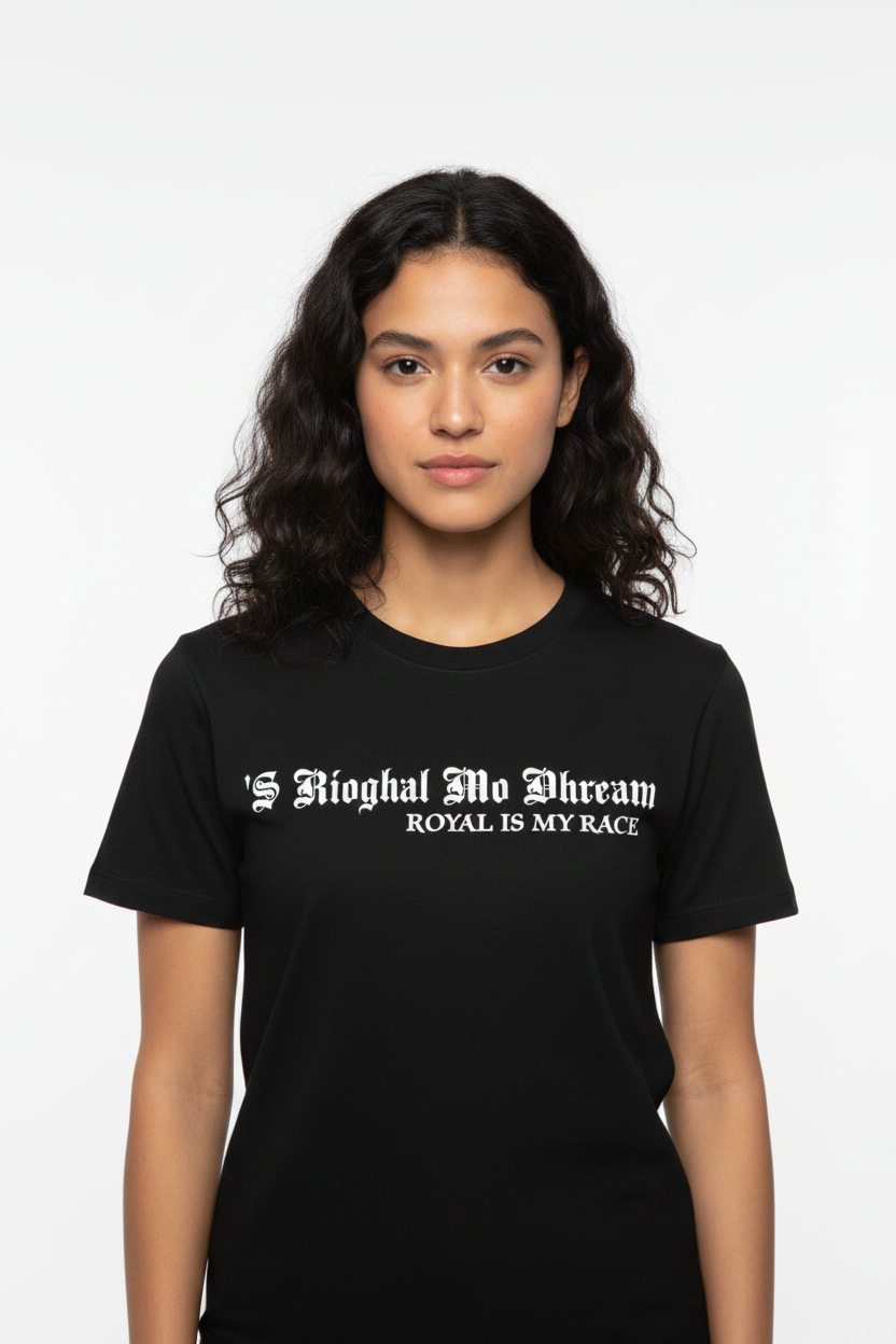 Text design with phrase 'Royal Is My Race' on a black shirt.