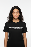 Text design with phrase 'Royal Is My Race' on a black shirt.