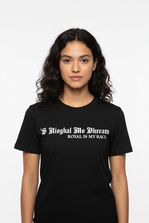 Text design with phrase 'Royal Is My Race' on a black shirt.