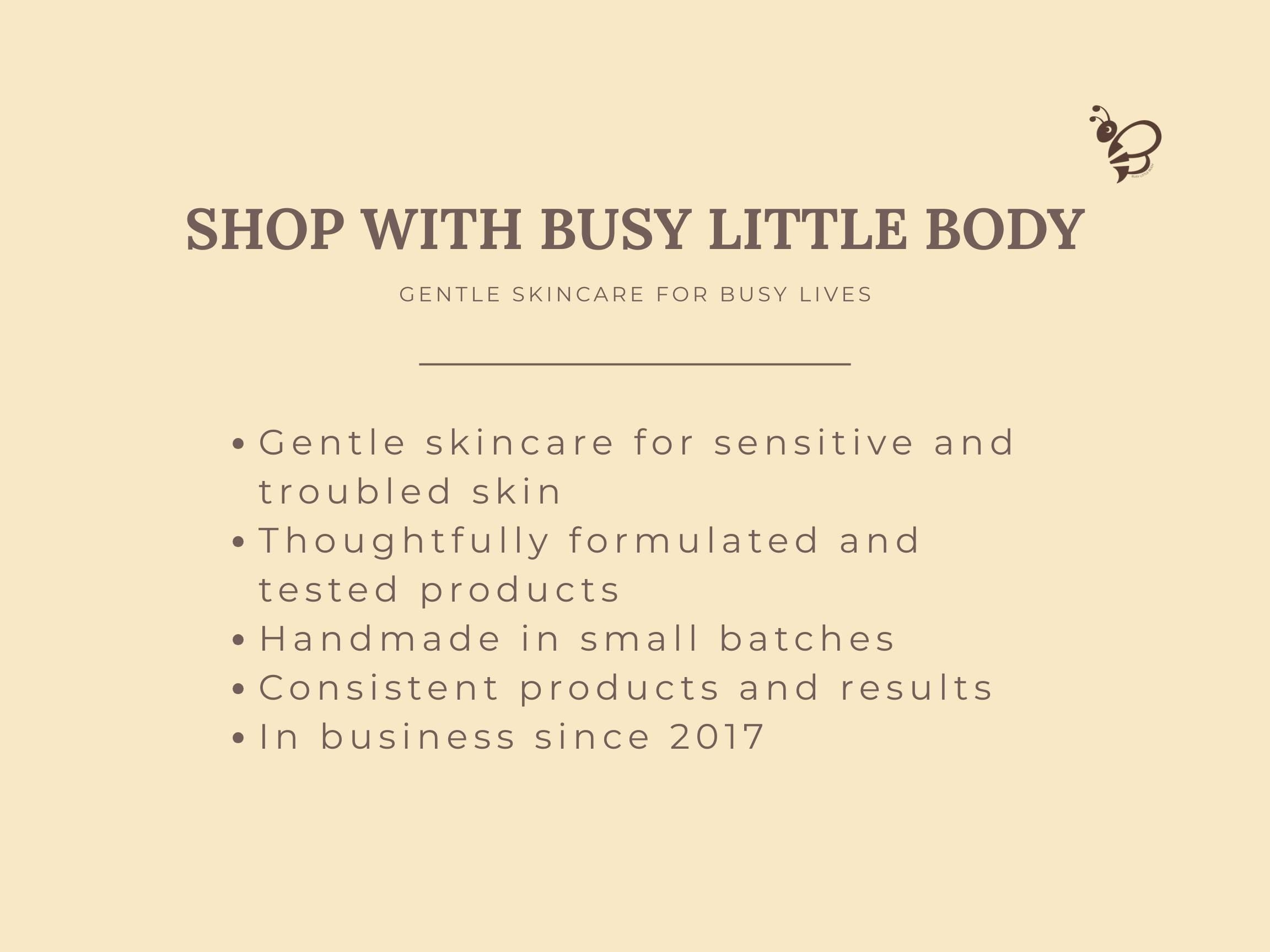 Promotional text for Busy Little Body skincare products on a beige background