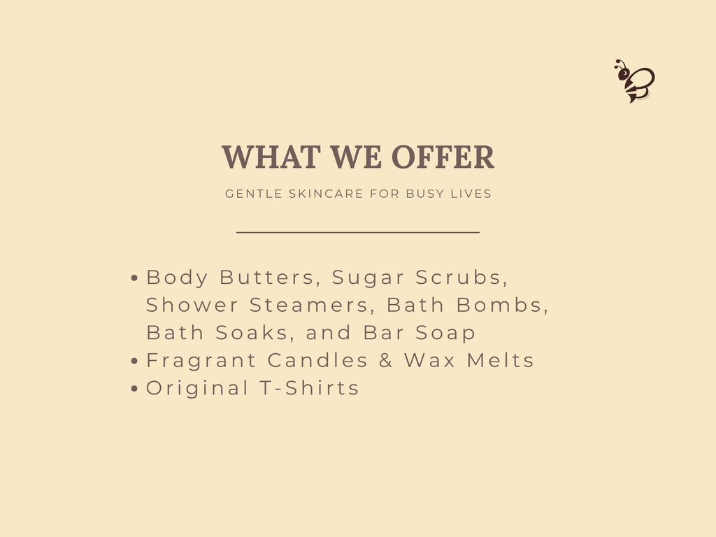 Beige background with text listing products offered, including body butters, sugar scrubs, and candles.