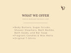 Beige background with text listing products offered, including body butters, sugar scrubs, and candles.