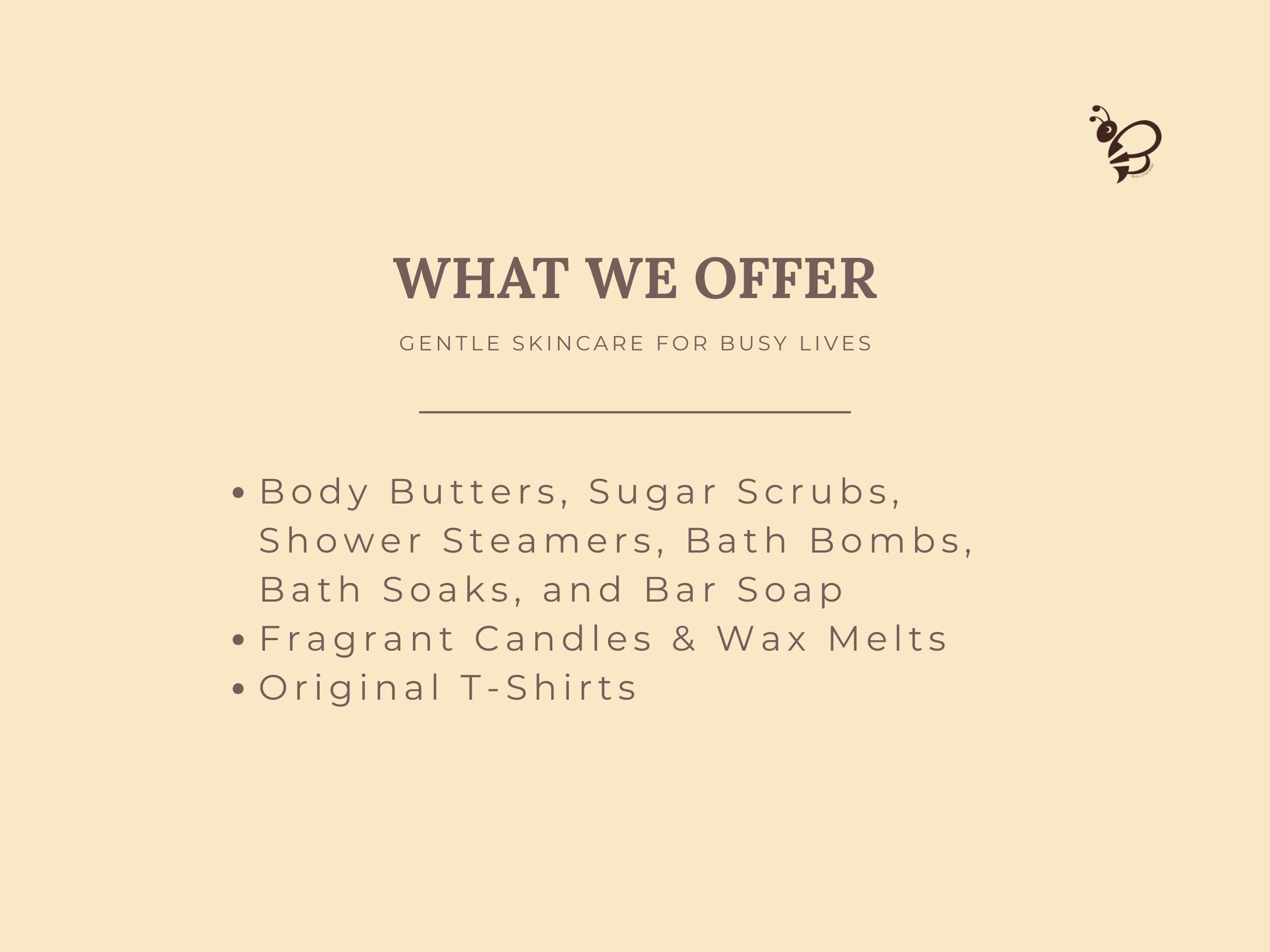 Beige background with text listing products offered, including body butters, sugar scrubs, and candles.